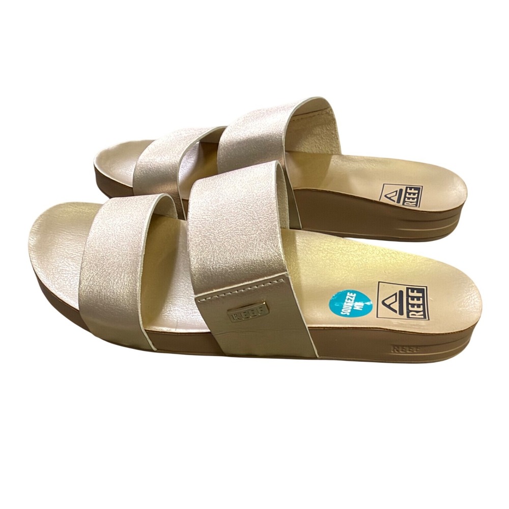 Reef Cushion Vista Gold Metallic Double Strap Slide Sandals Womens 6 NEW